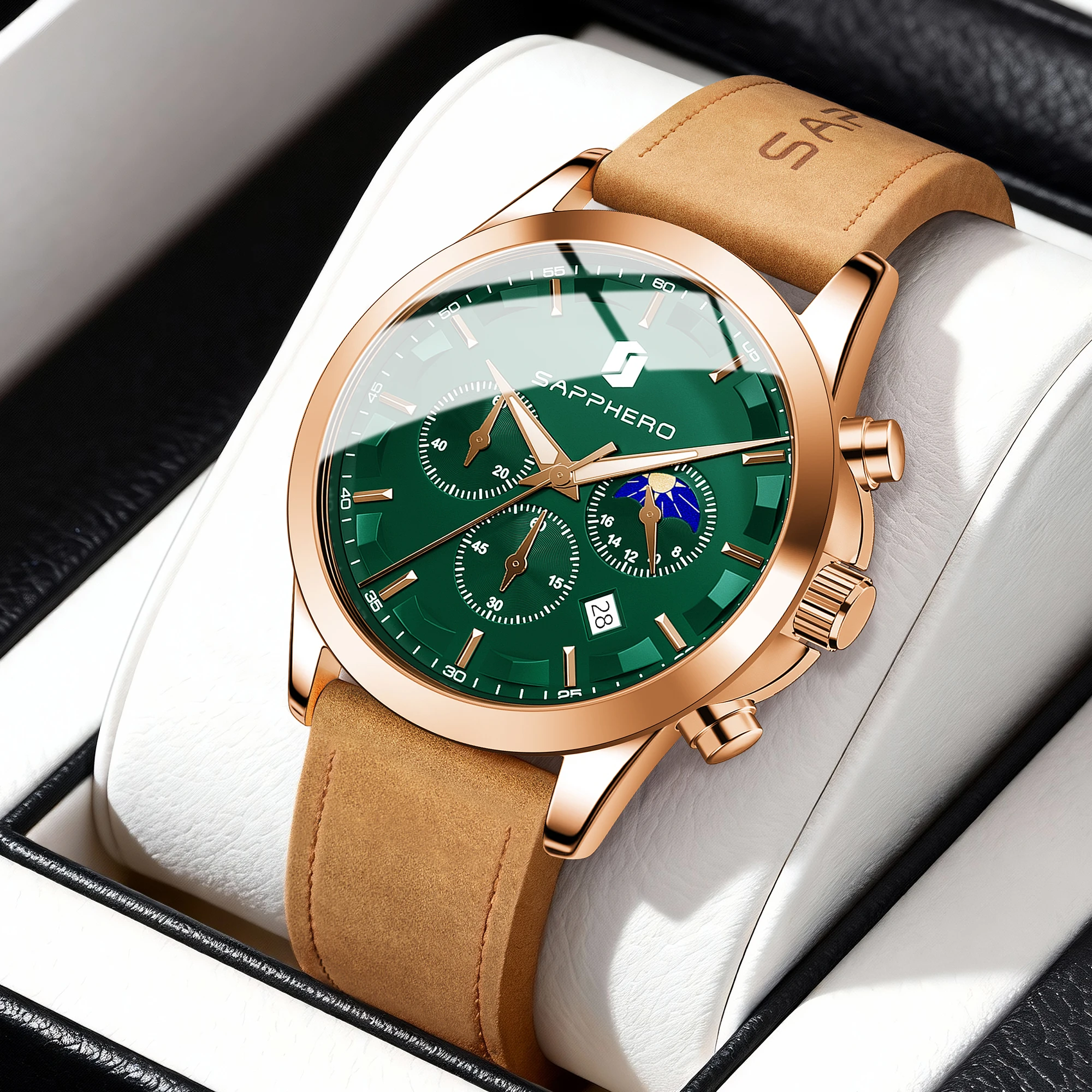 

SAPPHERO мужские деловые часы с кожаным ремешком, спортивные повседневные кварцевые мужские часы, классические водонепроницаемые часы, наручные часы 5ATM