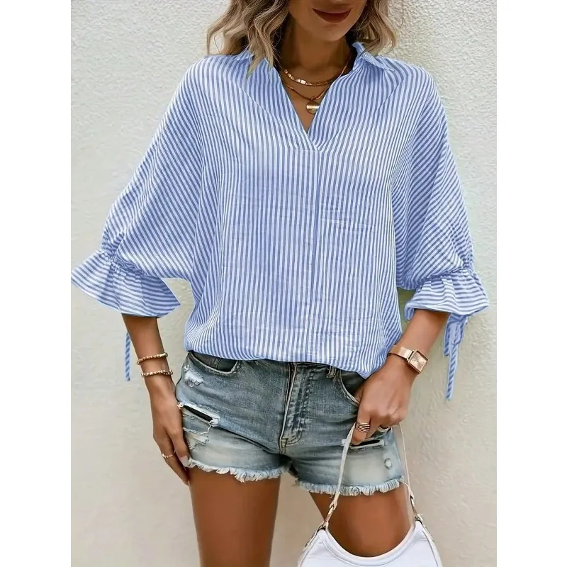 

Plus Size Women Summer Blouses Shirts Lady Fashion Casual Long Sleeve Turn-down Blue Stripes Tops Harajuku Loose Shirts