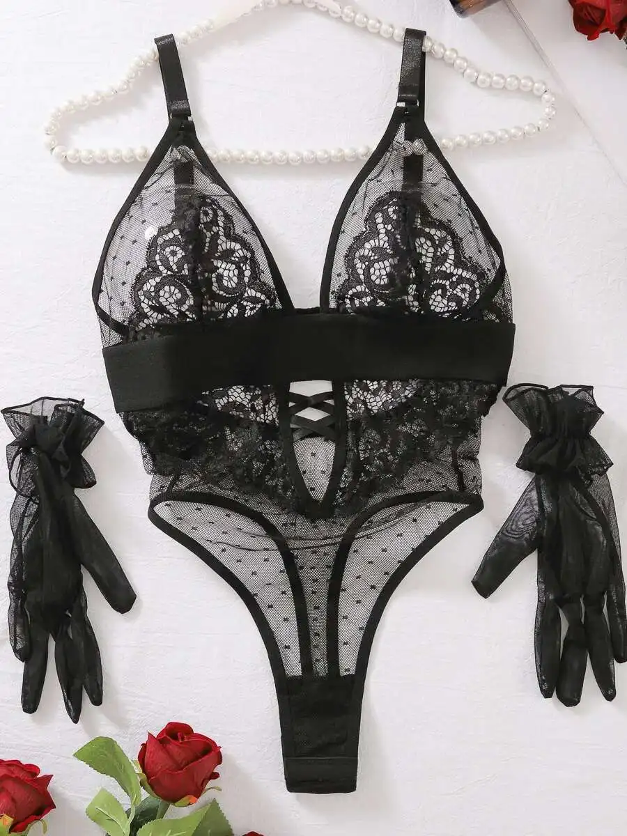 Сексуальные боди в горошек, сетчатая цветочная вышивка, кружевные перчатки с открытой спиной и глубоким V-образным вырезом, подтяжки, боди без рукавов, очаровательные повседневные LE4A