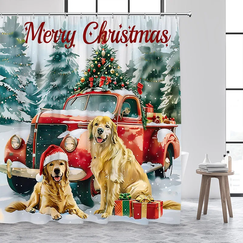 Funny Cat Dog Christmas Shower Curtains Red Farm Truck Animals Pet Xmas Tree Winter Forest Landscape Bathroom Curtain Decor Set