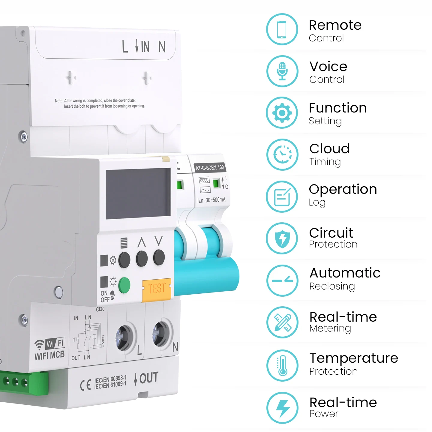 AT Tuya RCBO with LED Display Smart Circuit Breaker Remote Control Switch with Overvoltage and Leakage Protection Smart Life