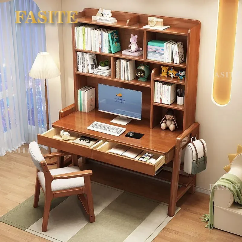 For Primary and Secondary School Students Solid Wood Lifting Integrated Desk Bookshelf Simple Bedroom Children's Study