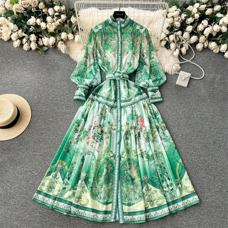 

Elegant Floral Long Sleeve Maxi Dresses Shirt Women Summer Autumn Palace Style Loose Big Size Single Breasted Fashion Dress