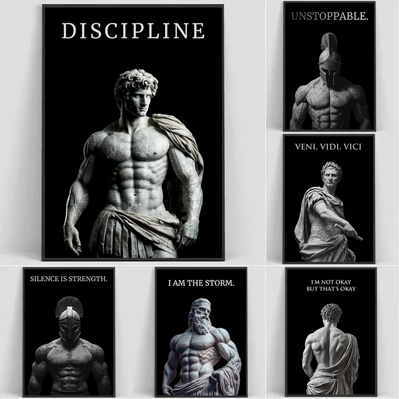 Retro Spartan Warrior Caesar Roman Statue Motivational Quotes Poste Canvas Painting Wall Art Pictures Home Gym Decor Gift