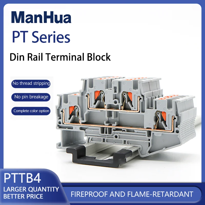 ManHua 10Pcs PTTB4 Wire Conductor 4 Color Electrical Connector Double Level Spring Connection Din Rail Terminal Block