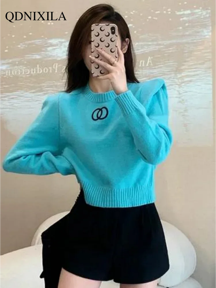 Women's Round Neck Pullover, Korean Fashion, Shoulder Pad, Short Knitted Sweaters, Winter Clothes, Autumn, New，2024