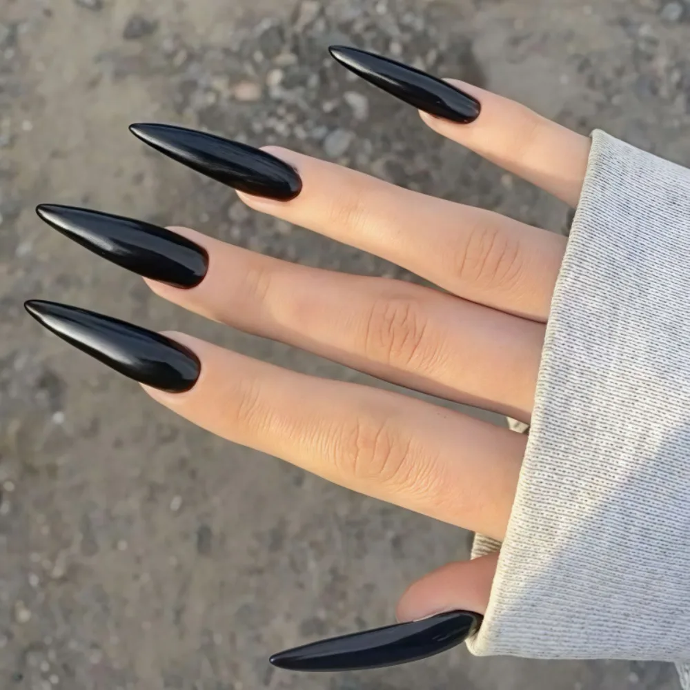 Cool Girl Black Long Stiletto Press On Nails 24 Pcs Matte Pure Color  Full Set False Nails Kit for Women Party Daily Wear