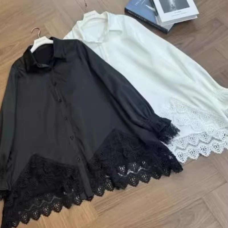 

Lady Thicken Winter Warm Wave Shaped Lace Hem Oversized Solid Shirts Long Sleeve Blouse Polo Neck Large Size Women Casual Coats
