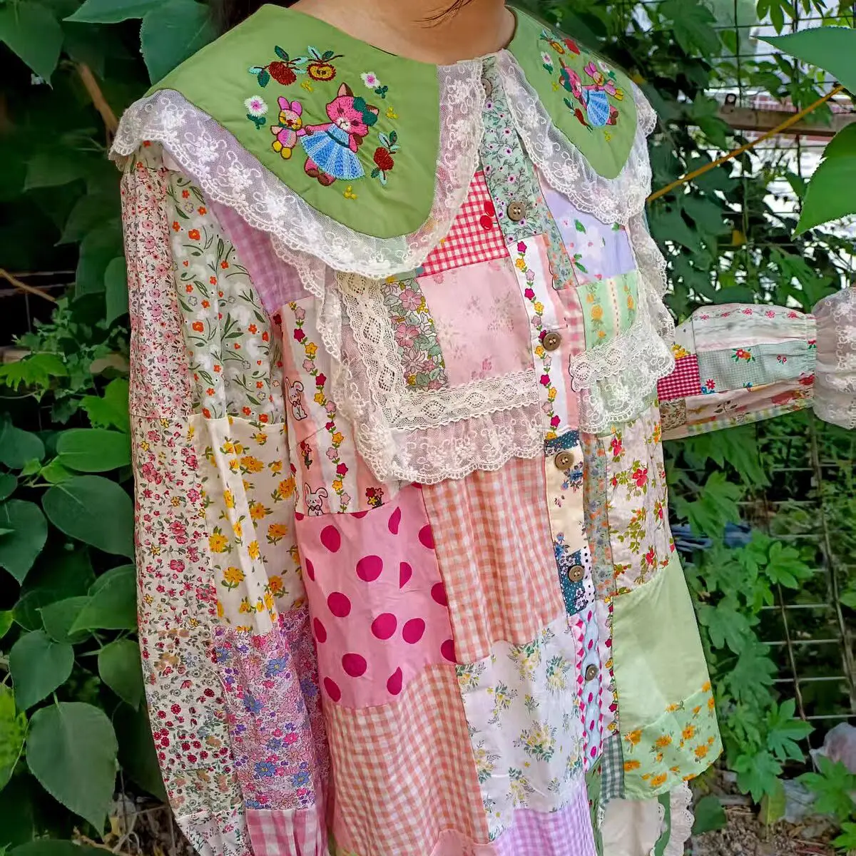 

Vintage Sweet Cotton Patchwork Lace Lolita Blouse Female Floral Embroidery Cottage Core Retro Chic Rococo Tops Shirt