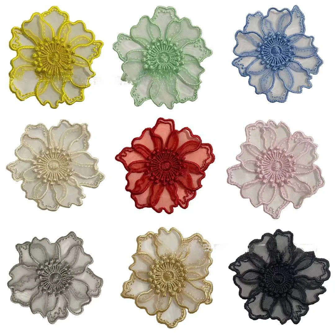 5Pcs Double Layer Flower Applique 3D lace embrodiery floral DIY organza patch sticker women's  clothing accessories decoration