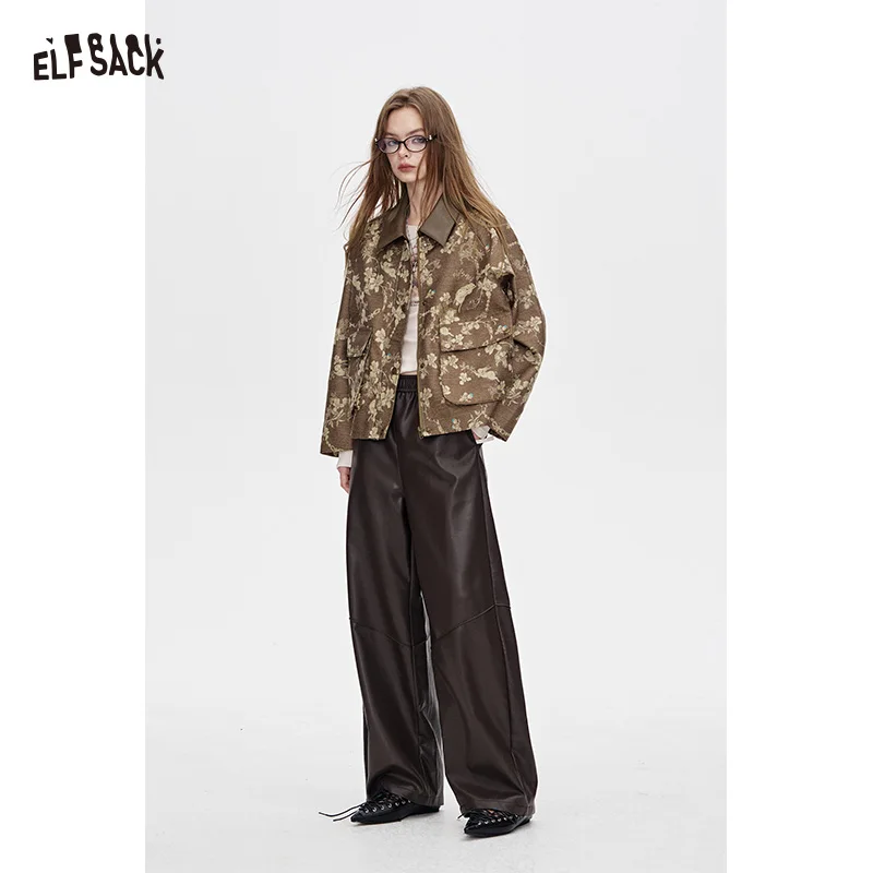 

ELFSACK 2025 Autumn New Arrivals Casual Vintage Floral Print Leather Collar Patchwork Jacket Coat For Woman