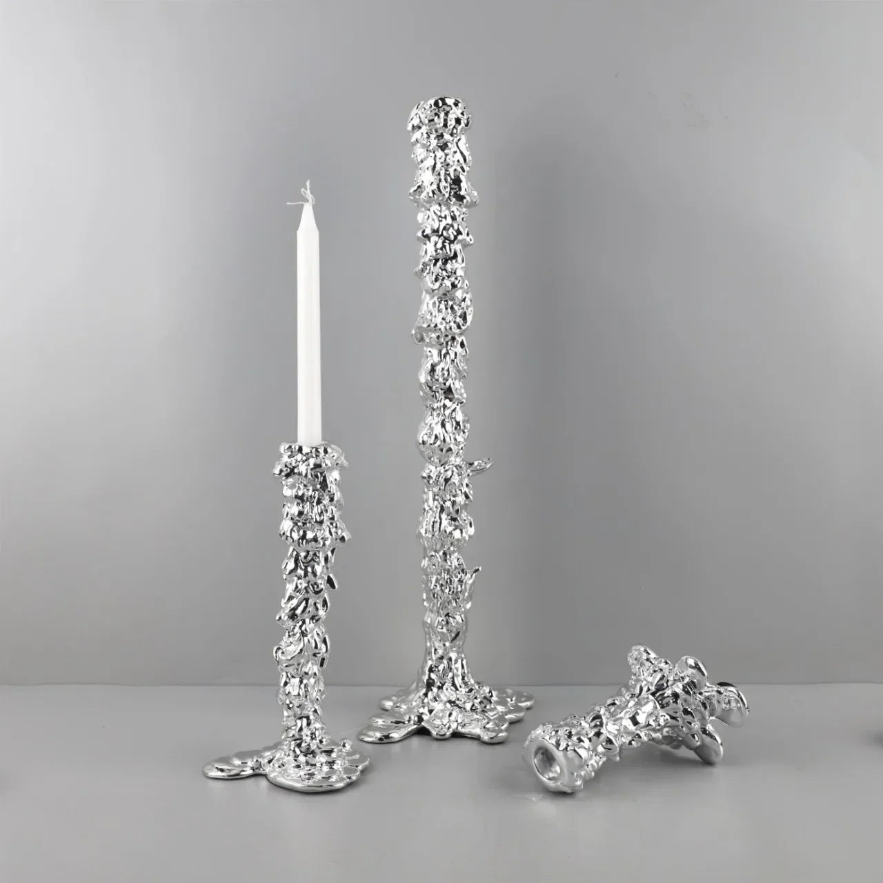 Sleek Contemporary Silver-Plated Resin Candle Stand, Table Accent for Family Room Dining Area, Interior Decor Piece