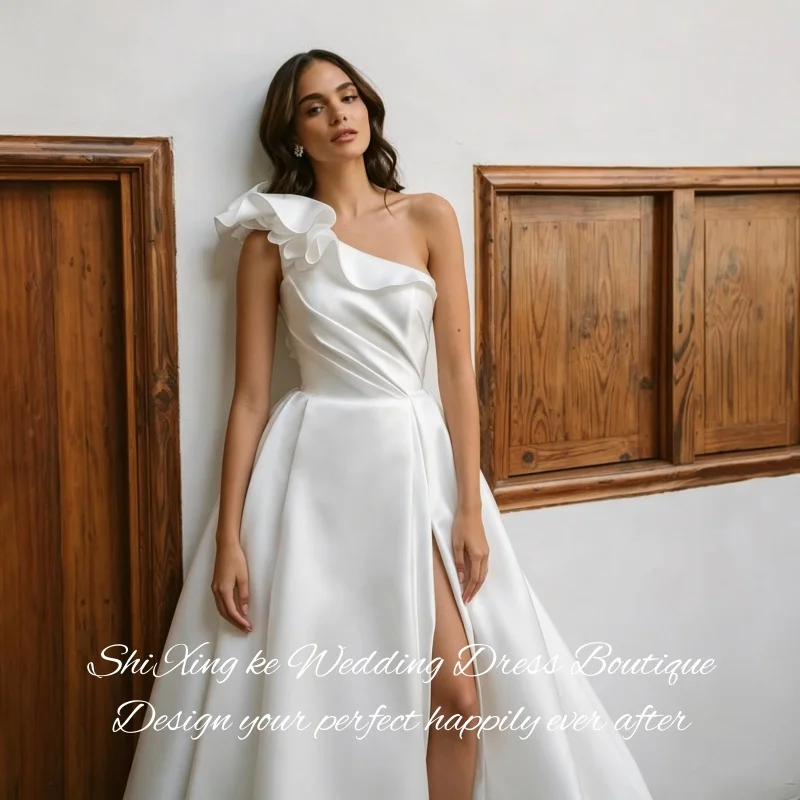 Romantic One Shoulder Satin Dress 3D Flower Decor Side Split Lace Up Bridal Vestidos De Novia Customized