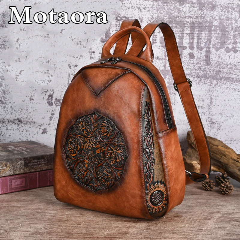 MOTAORA-Mochila De Couro Vintage Em Relevo Para Mulheres, Mochilas Femininas, Malas De Viagem, Feitas À Mão, Novo, 9 Cores, 2022