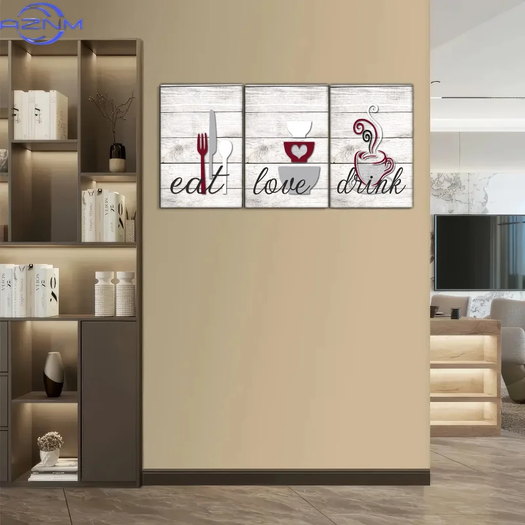 2D Flat 3pcs Framed Canvas Poster Set - Elegant Farmhouse Kitchen Art with Eat, Drink, Love Design - Rustic  Chestnut, Black & G