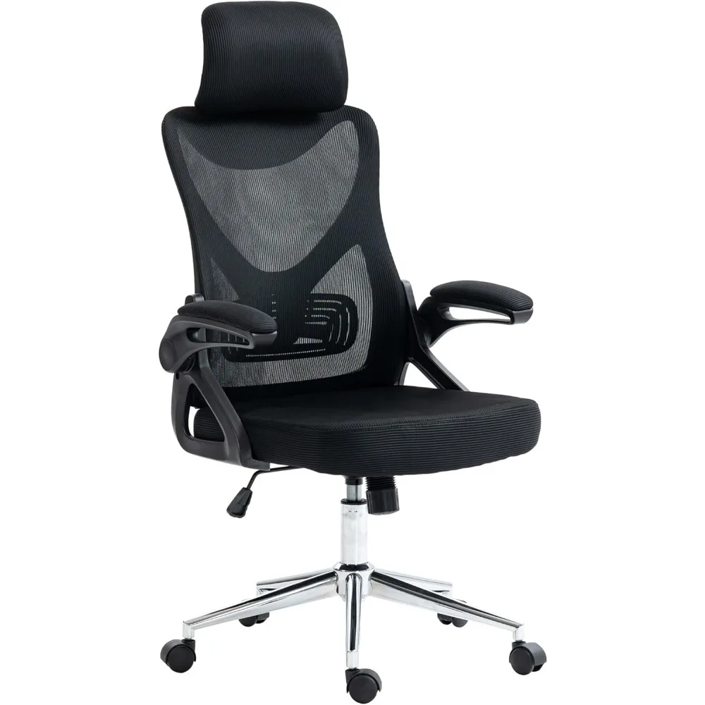 Black Gaming Chair Ergonomic With Lumbar Support & Adjustable Headrest – Breathable Mesh Flip-Up Armrests Computer Armchair