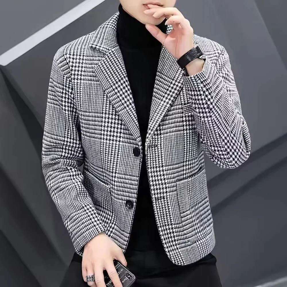 

Men's Houndstooth Wool Jacket Casual Notch Lapel Single Breasted Long Sleeve Cardi Fashionable Male Outerwear