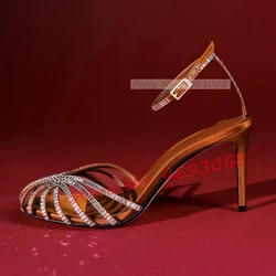 Chocolate Crystal Cross Sandals Women Cross Strap Summer Vacation Shoes Stiletto Heels Sexy Banquet Casual High Heels Sandals