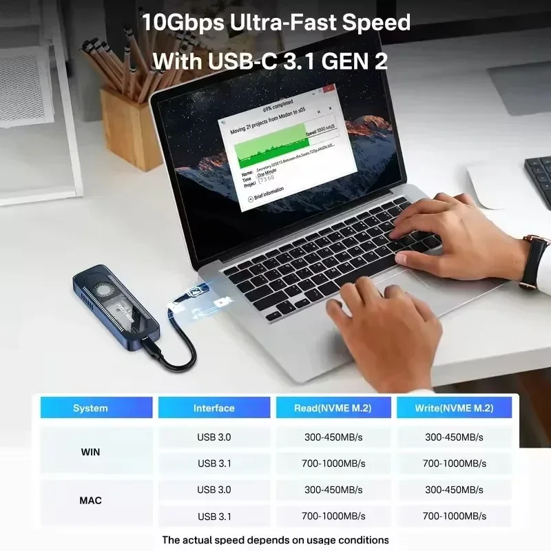ACASIS 10Gbps USB C NVME SSD Enclosure with Cooling Fan for M.2 2280 SSD, Supports 2260/2242/2230, USB 3.2 Gen 2 Tool-Free