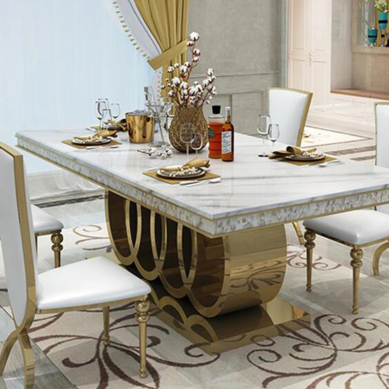 Post-Modern Marble Top-Grade Dining Table And Chairs Combination Stainless Steel Top Crown Apartment Golden Carved Furniture