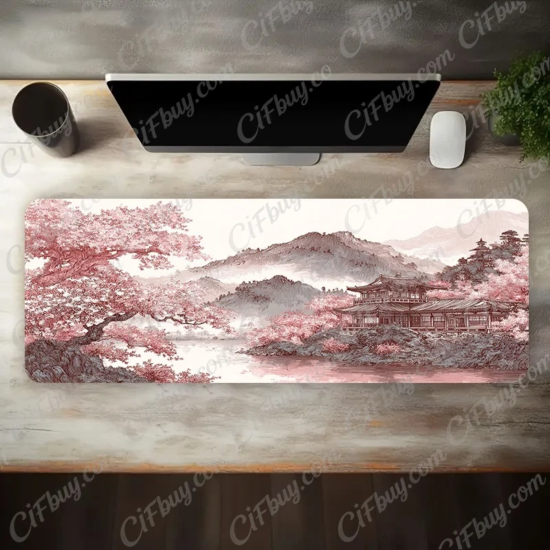 CIFBUY Pastel Line Art Sakura Pavilion Lake View Mouse Pad Large Desk Mat For Gaming Office PC Durable Smooth Non Slip Rubber