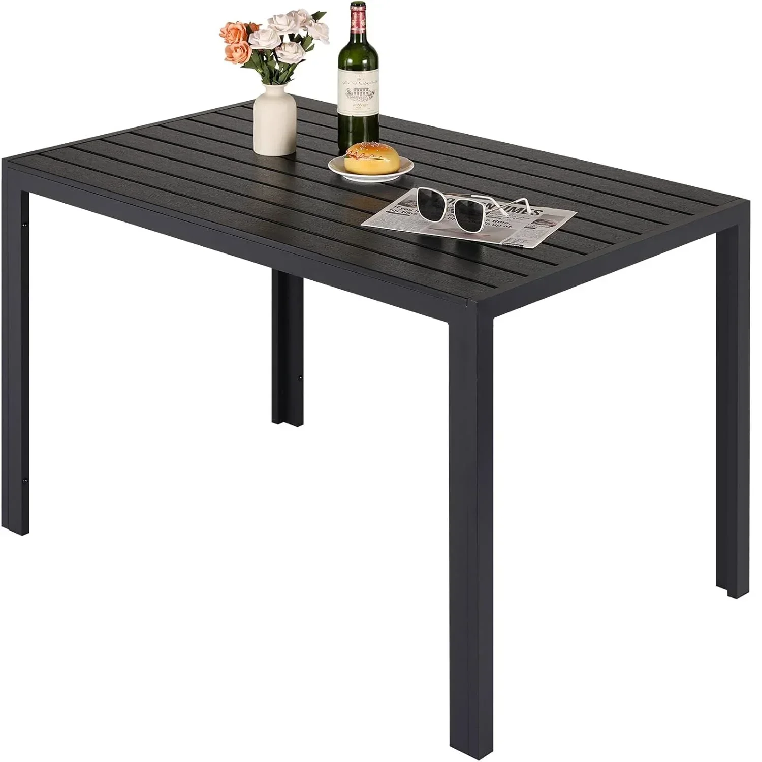 Outdoor eettafel 110x70x73cm terras aluminium metalen lattenbodem, grote rechthoekige zwarte tafel voor terras, achtertuin, gazon, tuin