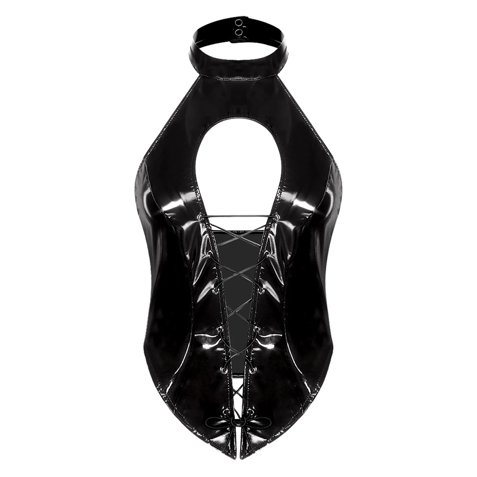 Sissy – haut court en cuir PU pour femmes, Look mouillé, col licou, découpe sur le devant avec lacets, dos nu, débardeur pour soirée en Club, Lingerie
