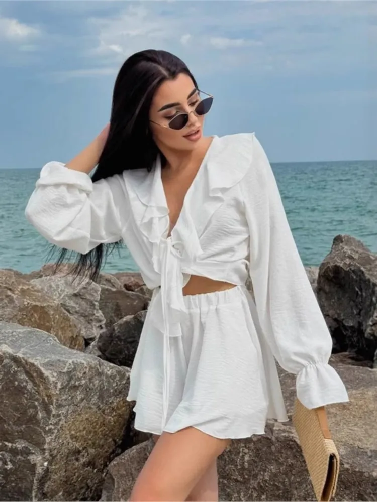 

Лето 2025 г., повседневный комплект из 2 предметов для женщин, комплект из двух предметов для поездок на работу, с длинными рукавами, на шнуровке, свободный, простой стиль, с рюшами, сплошной цвет