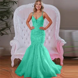 V-neck Sleeveless Floor-length Spaghetti Straps Mermaid Appliques Prom Dresses Lace Up Evening Formal Party Backless Gowns