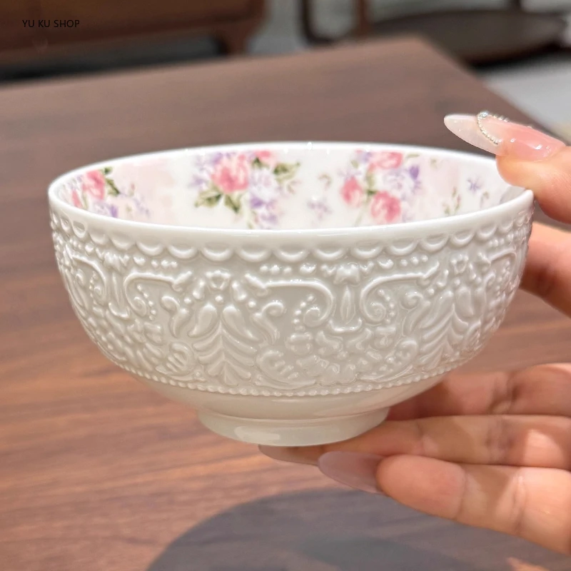 Relief Petal Rice Bowl Household Ceramic Soup Bowl High-temperature Cute Home Baked Flower Dinnerware Kitchen Dining Tableware