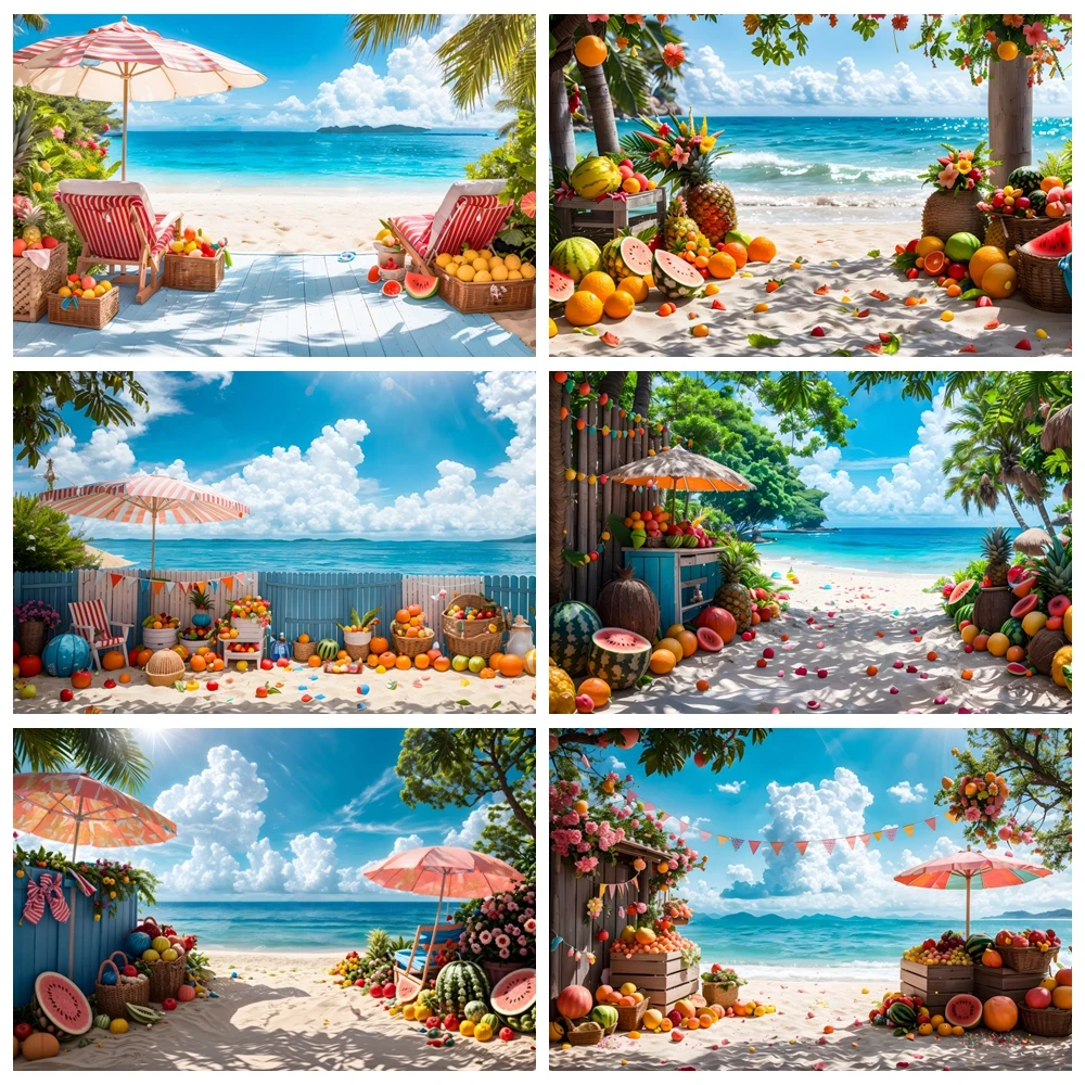 2025 الصيف شاطئ البحر الفواكه الاستوائية التصوير خلفية أشعة الشمس شاطئ أشجار النخيل عطلة التخييم حفلة صور خلفية الاستوديو