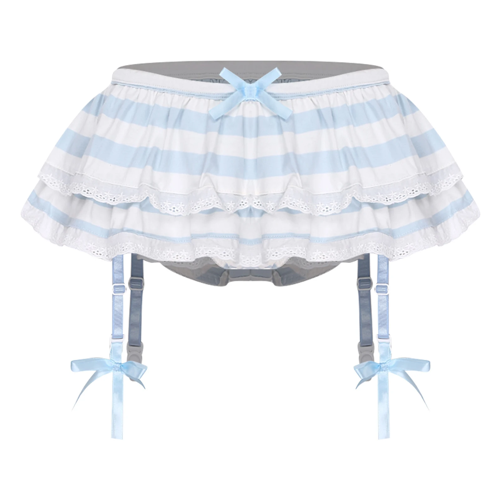 Sexy Dames Culottes Korte Rok Anime-stijl Minirok Ingebouwde Slips Gelaagde Gestreepte Zoom met Kanten Rand Boog Decor Jarretels Riem