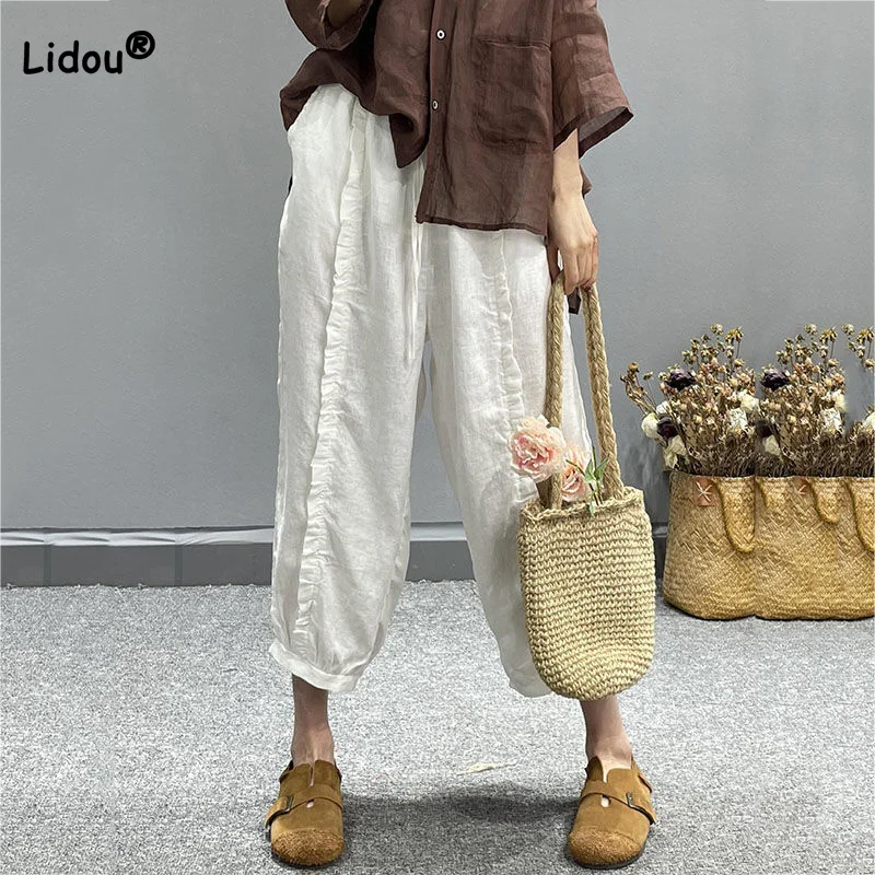 

Cotton Linen Solid Color Trousers Vintage High Waist Stringy Selvedge Loose Spring Summer Womens Casual Seven Points Harem Pants