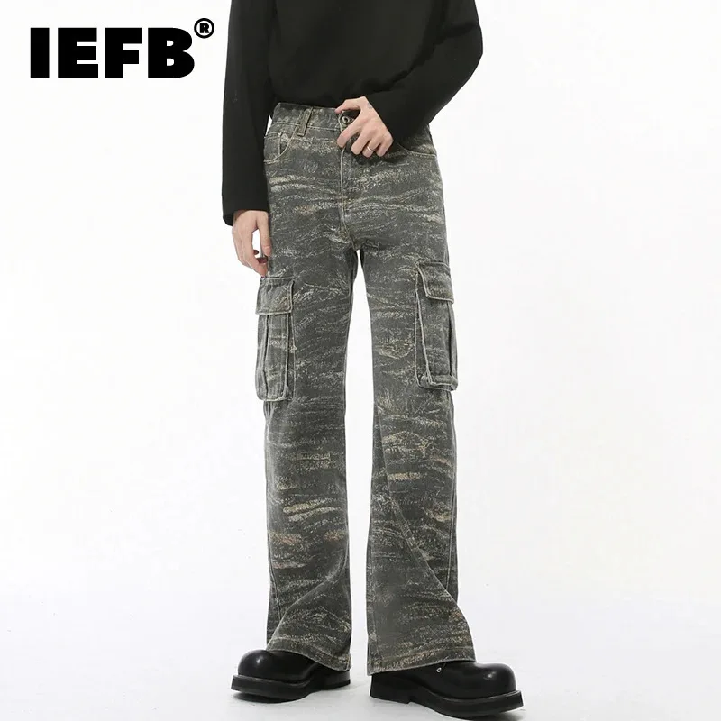 IEFB High Street Men's Denim Pants Camouflage Worn-out Big Pockets Straight Leg Bottom Solid Color Slim Casual Male Jeans 9C8662