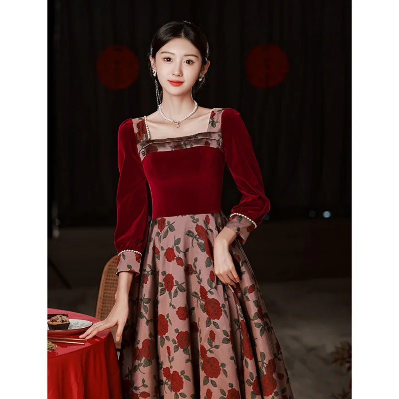 

Velour Burgundy A-line Cheongsam Bling Sequins Qipao Dress Elegant Long Sleeve Formal Party Gown Grace Square Neck Vestidos