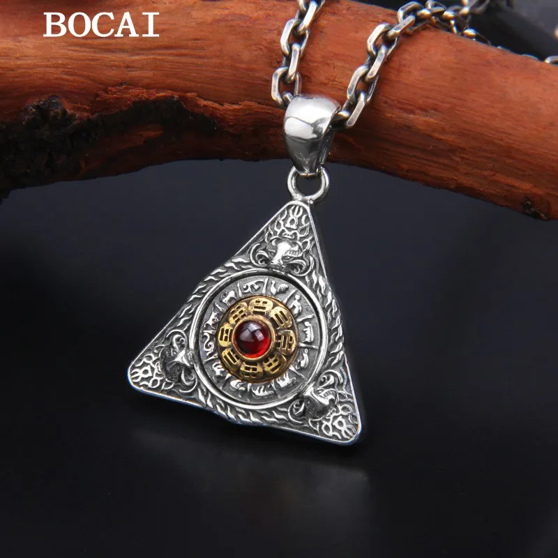 BOCAI NEW S925 Sterling Silver Personality Retro Gossip Twelve Zodiac Signs Prayer Wheel Pyramid Pendant Gift for Men and Women