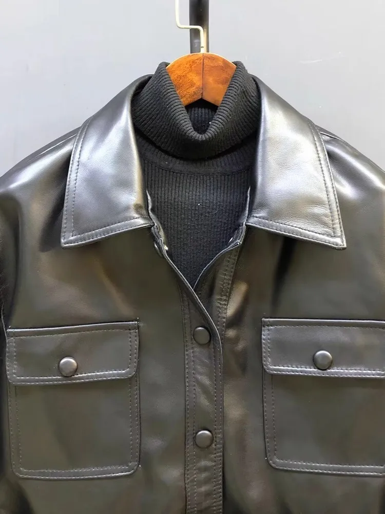 Giacca da ufficio in vera pelle da donna stile britannico monopetto con telai punk giacca a vento corta nuovo cappotto di pelle di pecora nera da donna