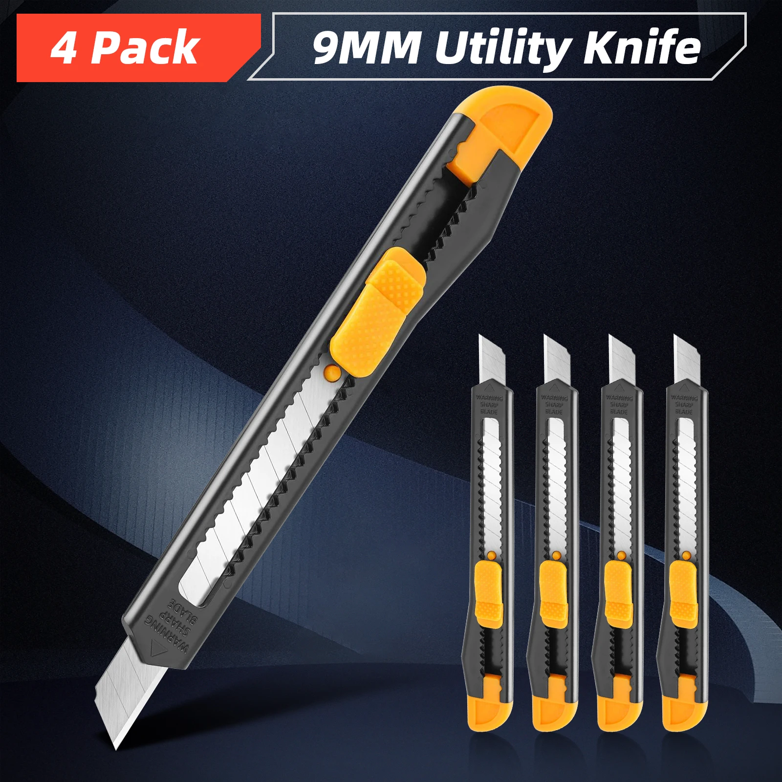 4 Pack Box Cutter Retractable, Utility Knife 9mm Wide Snap-Off Blade, Razor Knife for Cutting Box, Carton, Cardboard