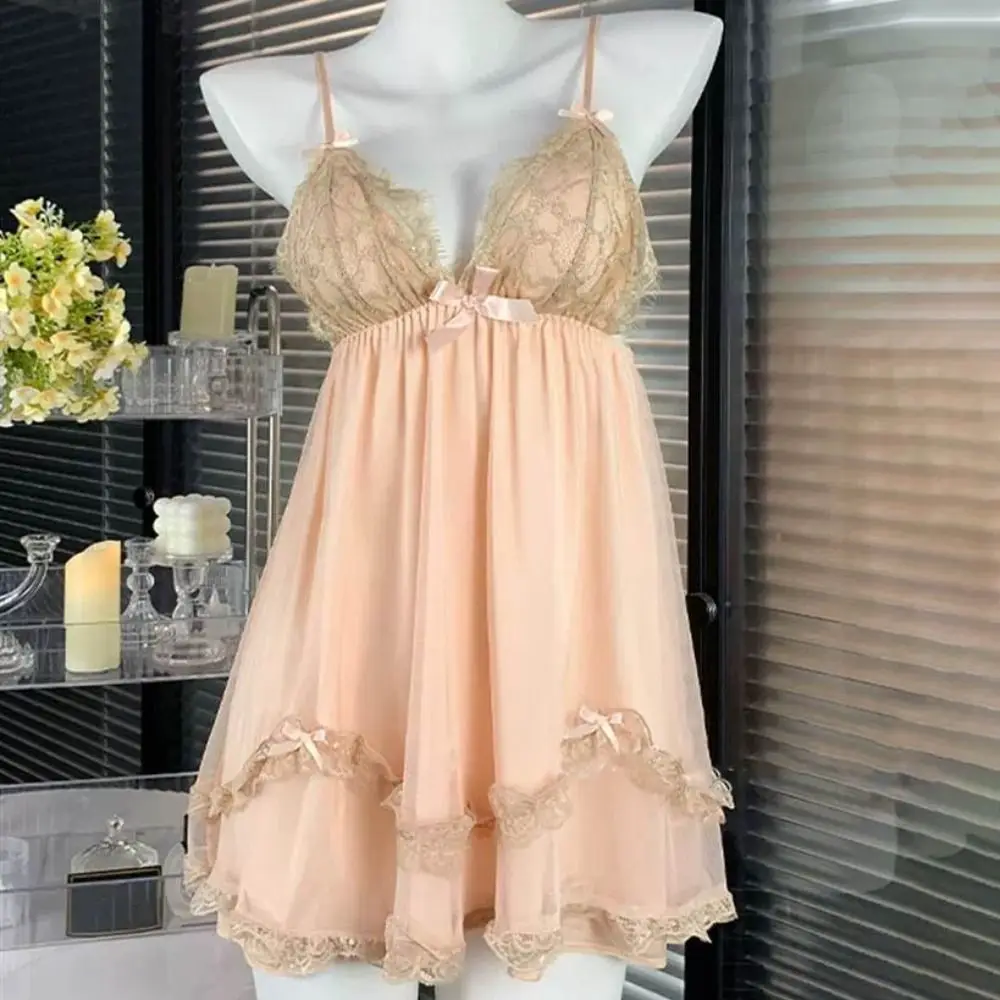 Lace Bowknot Women's Pajama Dress Ruffle Sleeveless Suspender Nightdress Sleepwear Flower Sling Nightgown with Pads Female