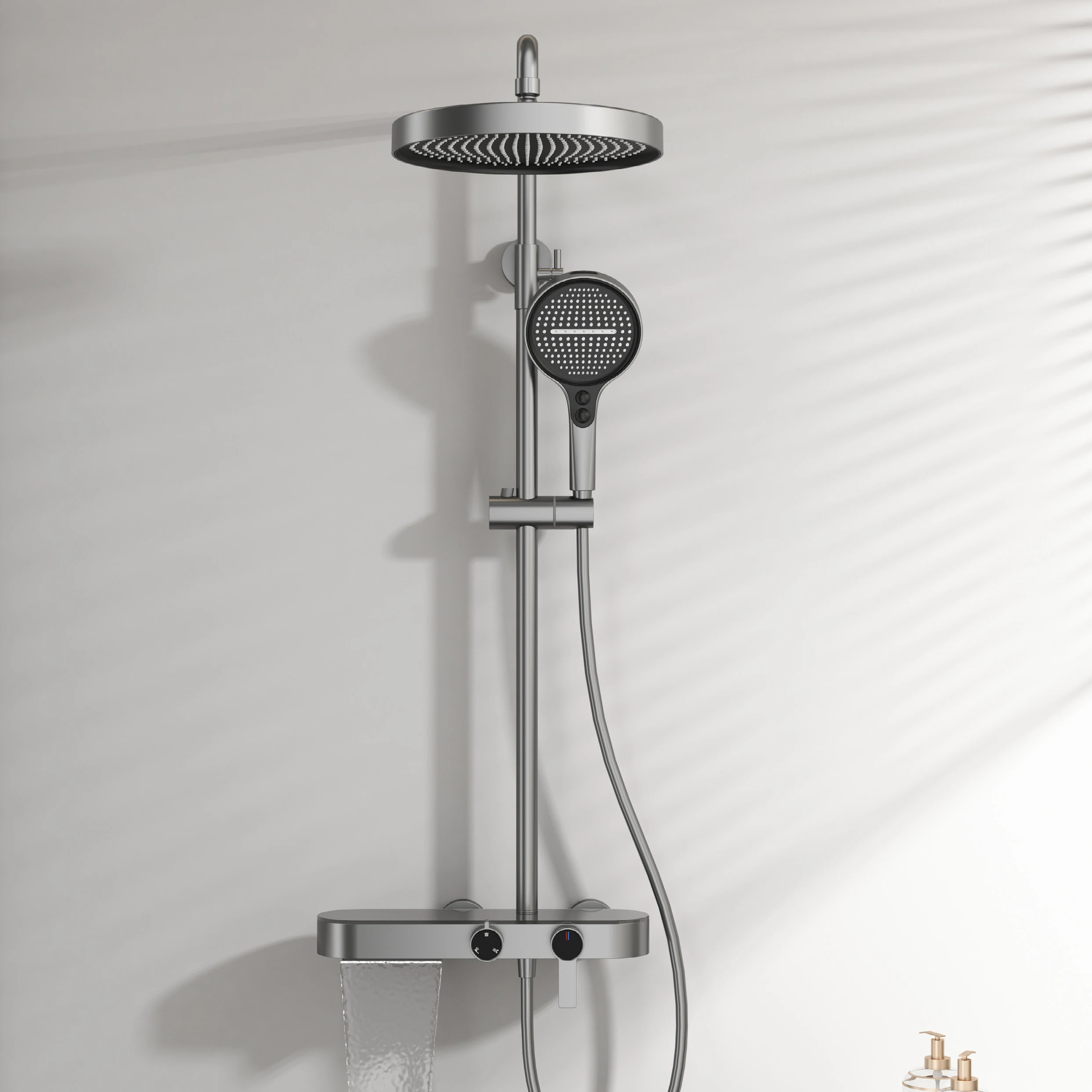 

Brass Household Gunmetal Gray Simple Liftable Shower Set with Storage Rack