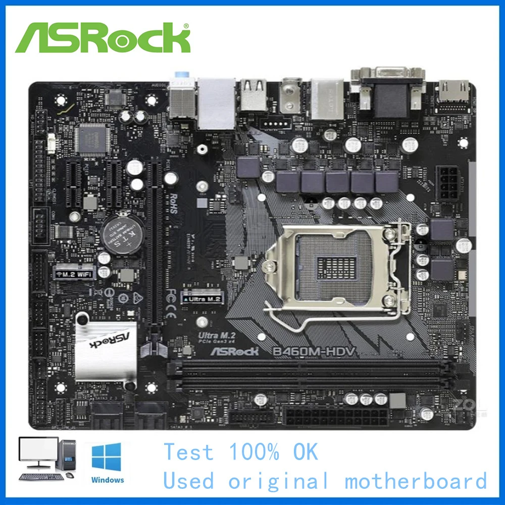 B460 Motherboard Used For ASRock B460M-HDV Motherboard Socket LGA1200 DDR4 Desktop Mainboard  support 10400 10700