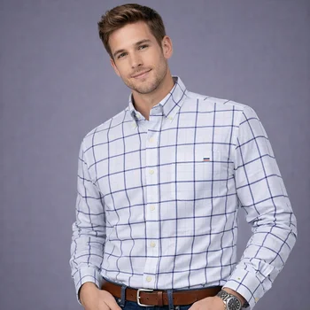 100% Pure Cotton Oxford Shirts for Men Long Sleeve  Plaid Shirt Striped Male BusinessTartan  Red Shirt Mans Designer Clothes 2