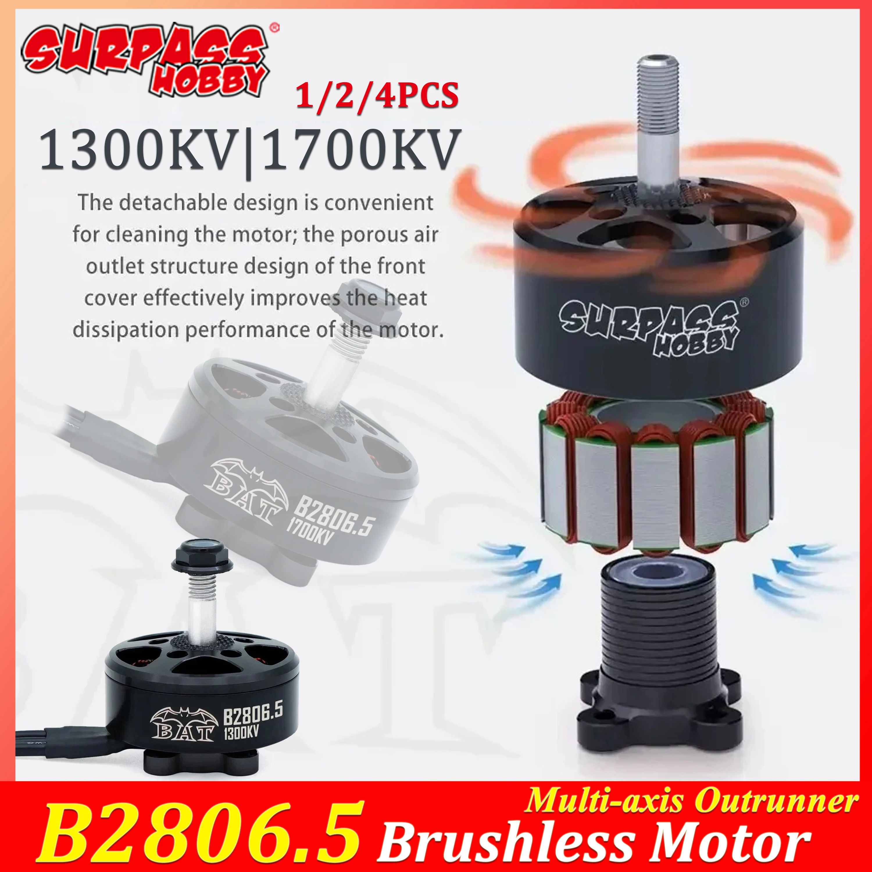 1/2/4PCS Surpass Hobby B2806.5 1300KV 1700KV Brushless Motor Multi-axis Outrunner for RC Plane Quadcopter FPV Drone Mark4 7 Inch
