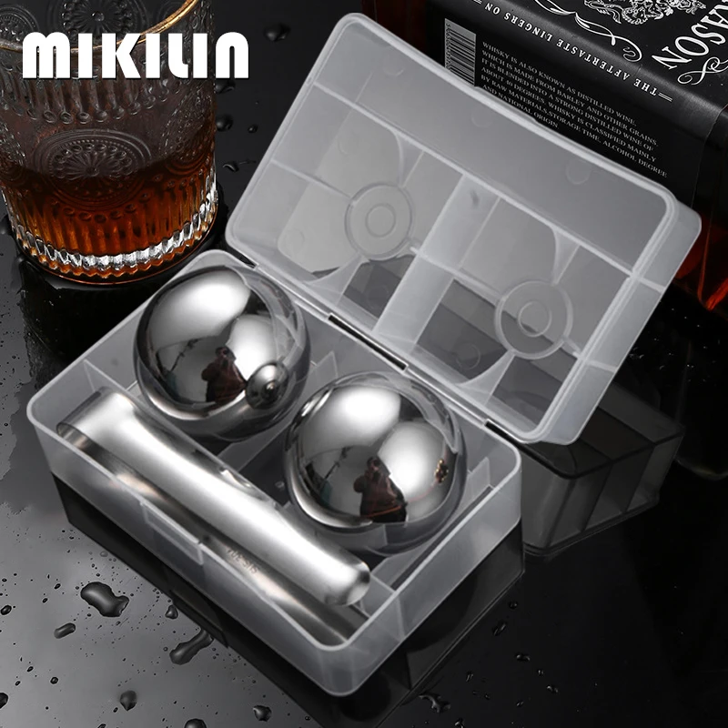 Conjunto de cubos de gelo de aço inoxidável, 55mm, pedras de resfriamento reutilizáveis com pinça de gelo, refrigerador de uísque, resfriamento de vinho, bolas de gelo de metal, ferramentas de bar