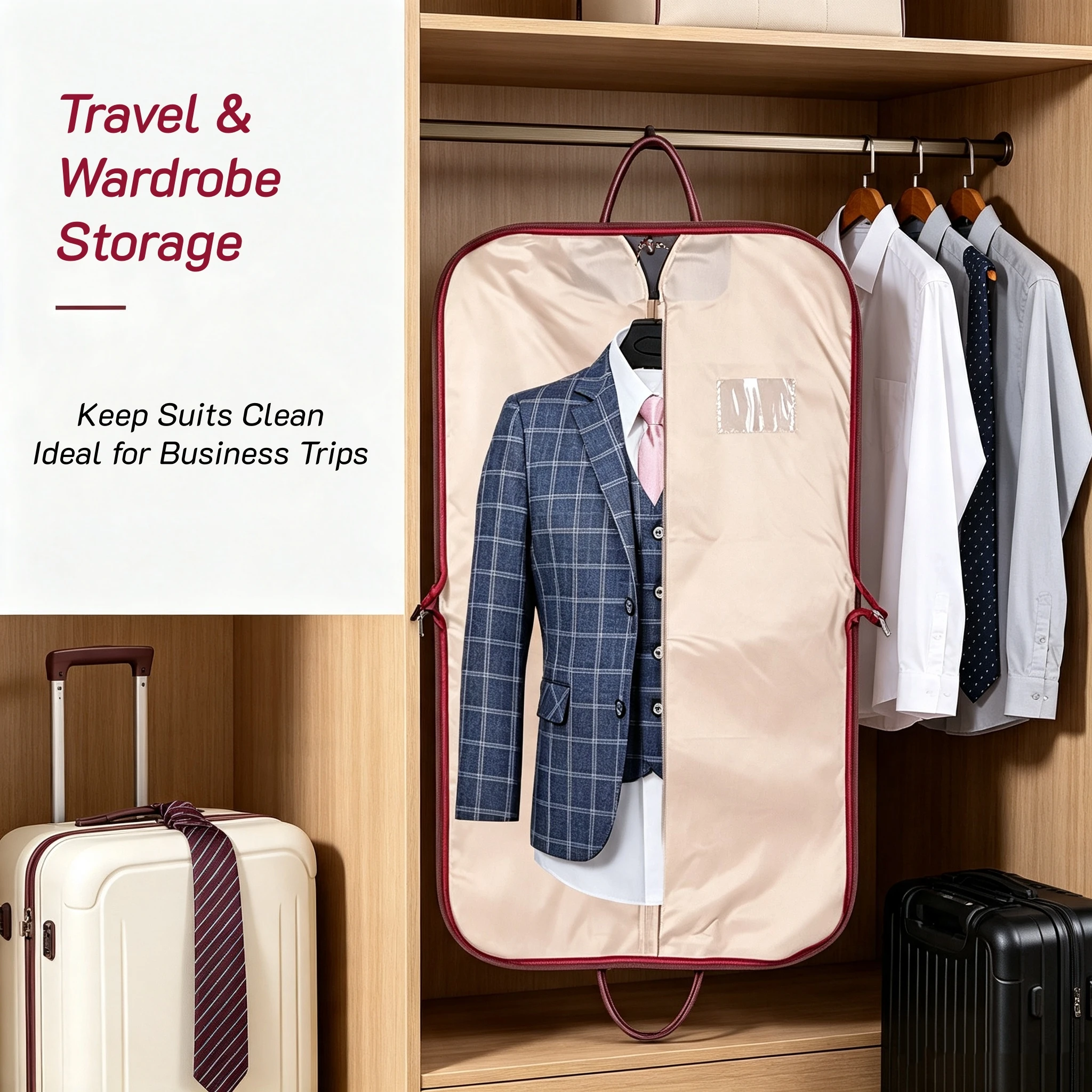Foldable Suit Garment Bag Waterproof Oxford Suit Cover Bag with Zipper & Leather Handle for Business Trip Home Wardrobe Storage