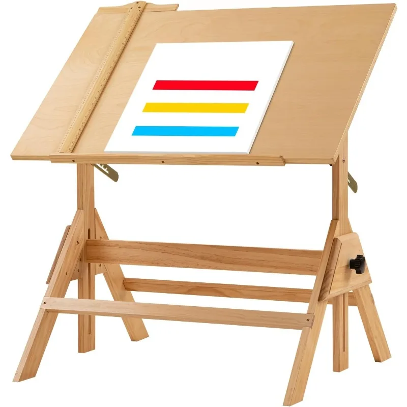 

Solid Wood Drafting Table, Art Craft Table with Adjustable Height and Tiltable Tabletop for Artwork, Graphic Design