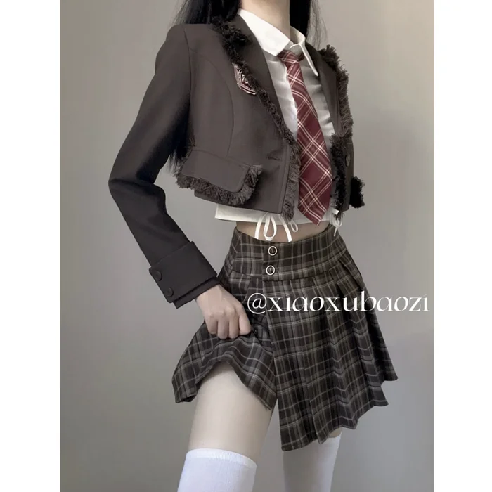 

Japan Autumn Fashion Y2k Piece Set Skirt Woman Short Blazer + White Casual Shirt + Slim Plaid Mini Skirt Spicy Girls Korea Suit