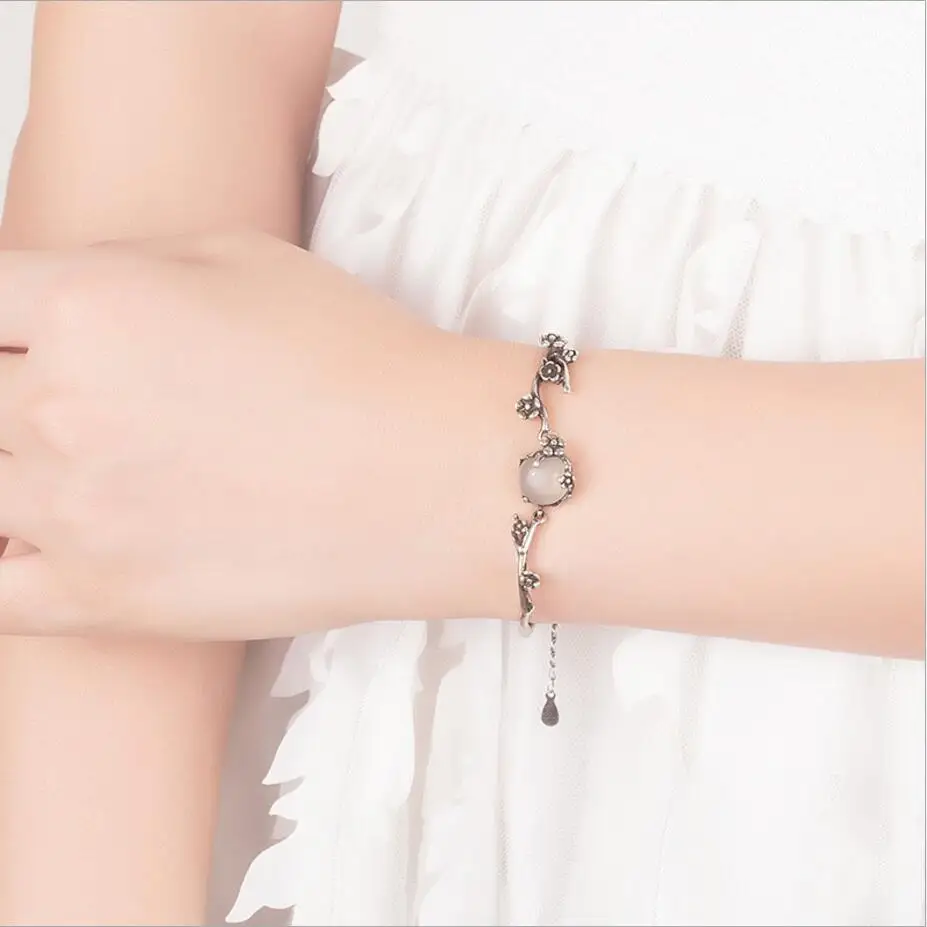 925 Sterling Silver Vintage Ladies Bangle Bracelet For Women Moonlight Stone Plum Flower Luxury Designer Jewelry Jewellery