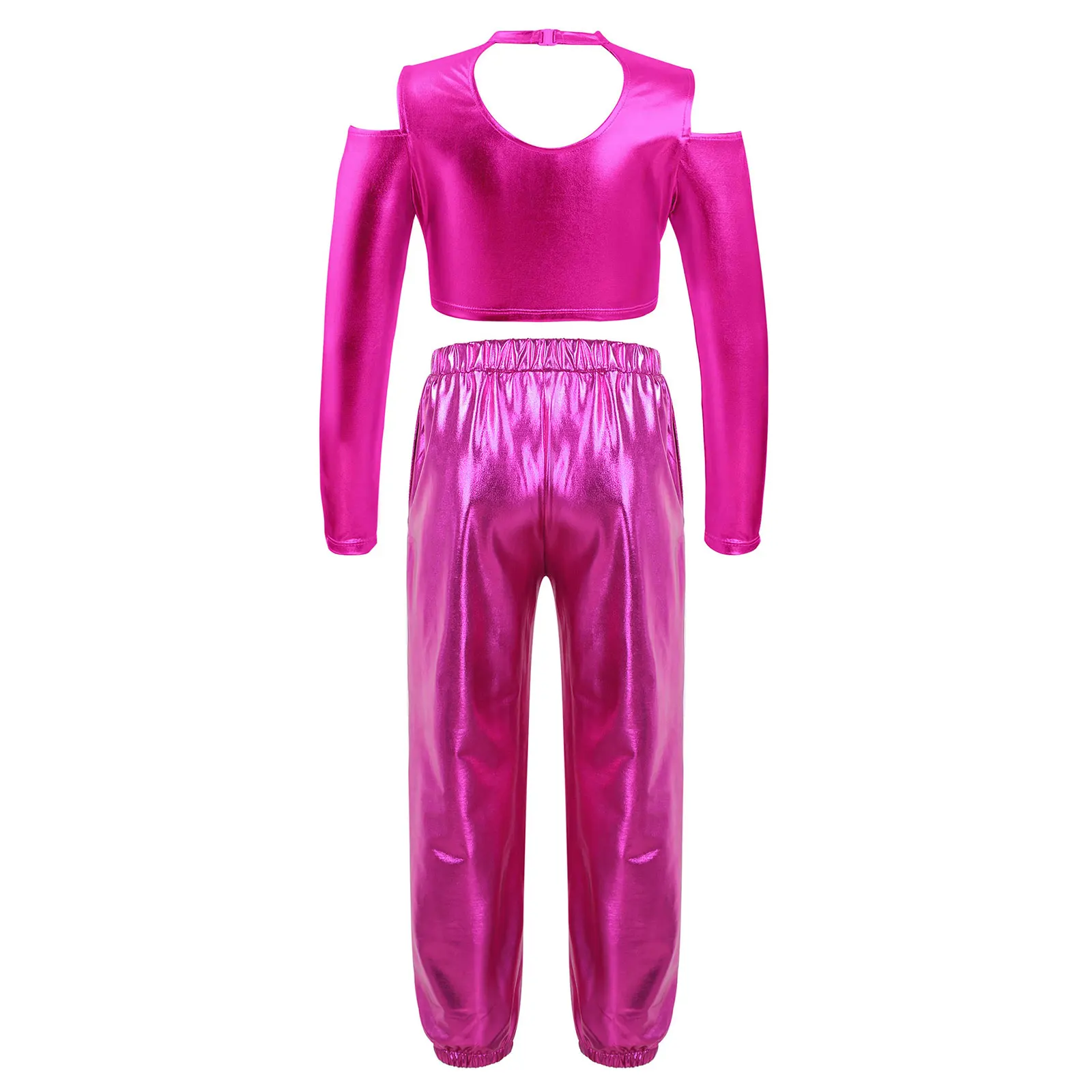 Modern Jazz Hippie Street Dance Costume Metallic Off Shoulder Crop Top Shirts with Harem Pants Athletic Sweatsuits