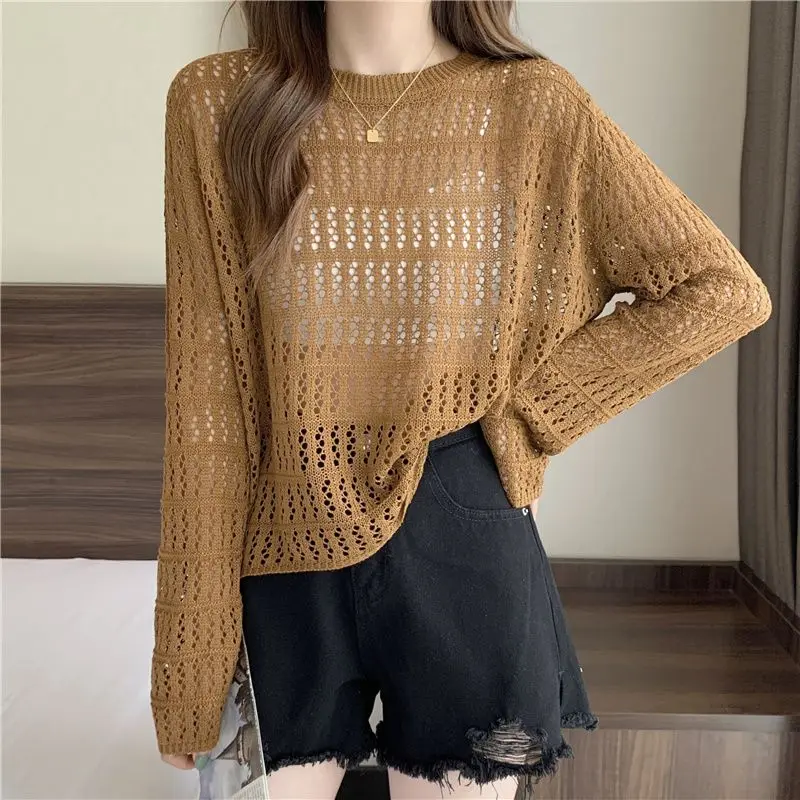 Summer New Thin Hollow Out Knitted Sweater Long Sleeve Round Neck Solid Color Loose Tops Tees Simplicity Fashion Women Clothing